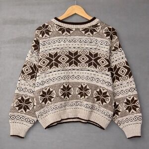 Vintage Bill Blass Sweater Brown Fair Isle Geometric Cotton Knit Boxy XL